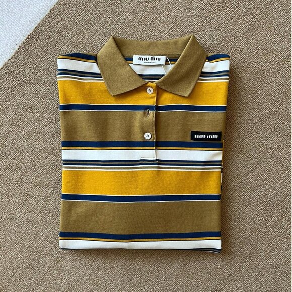 Brand new Miu Miu women's yellow and white striped Polo long-sleeved T-shirt - Picture 3 of 5